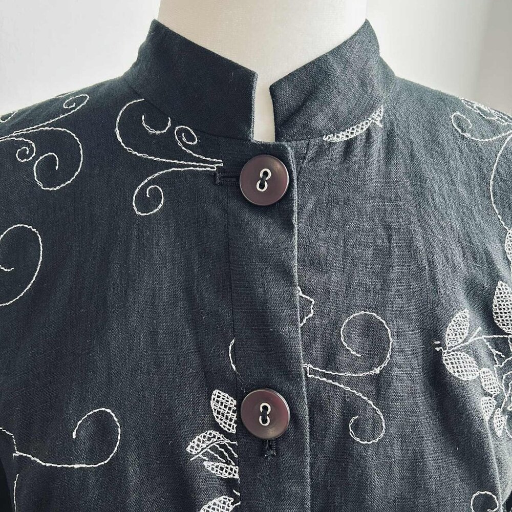 JM Collection Lined Black Linen Floral Embroidered Mandarin-Collar Jacket – US 8 - Picture 11 of 12